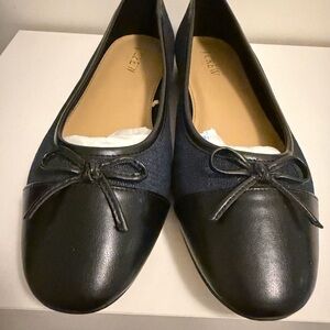 J. Crew Navy Fabric and Black Leather Cap-Toe Ballet Flats